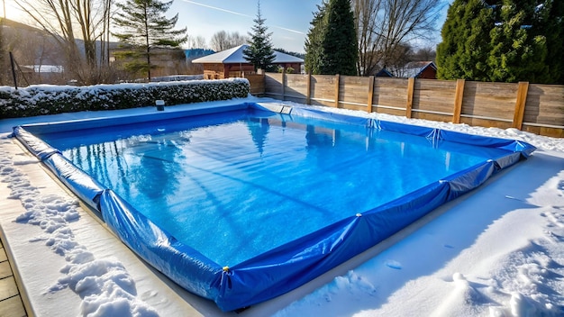 Photo piscina protegida con una lona azul invierno