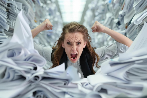 Pissed off woman office worker cluttered with paperwork shouting theme or concept of a rush at work