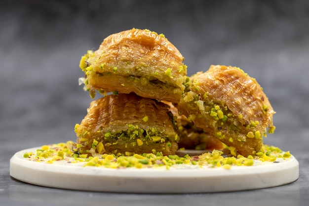 Pistachio baklava Closeup Traditional Middle Eastern Flavors Traditional Turkish baklava local name fistikli baklava