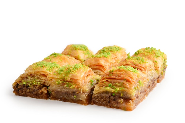 Pistachio baklava on a white background Dessert