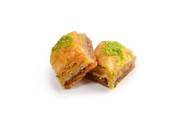 Pistachio baklava on a white background Dessert