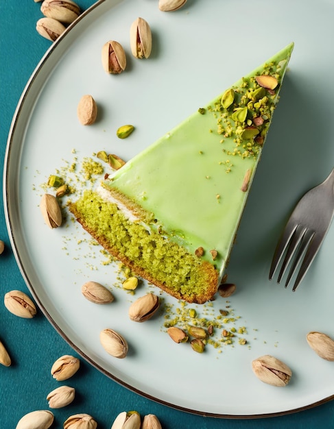 Photo pistachio cake slice on plate