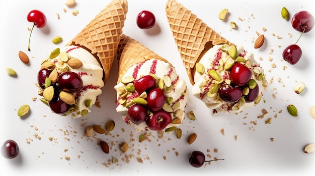 Pistachio cherry and vanilla ice cream with topping