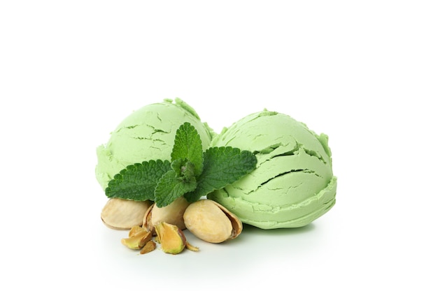 Pistachio ice cream isolated on white background