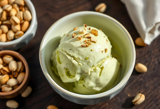 Photo pistachio ice cream scoop in a bowl with natural shadows