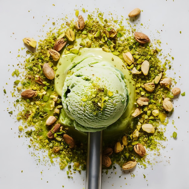 Photo pistachio ice cream scoop with crushed pistachios on white background