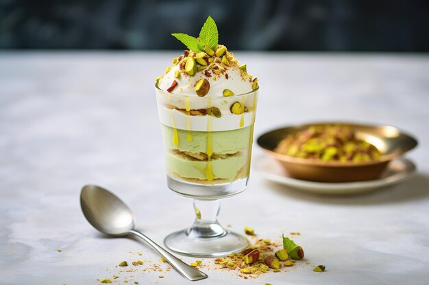 Photo pistachio ice cream sundae with pistachio nuts