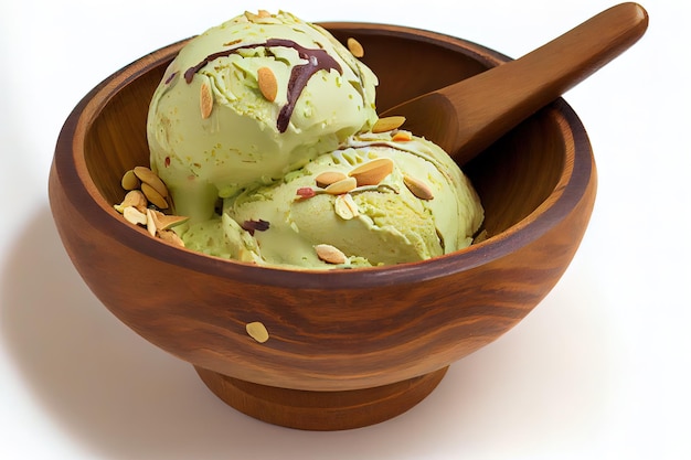 Pistachio ice cream in wooden bowl food