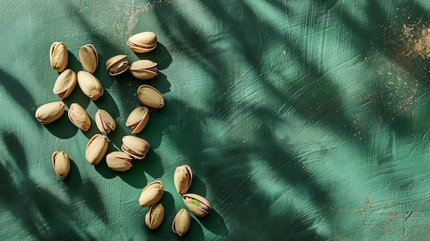 Pistachio nuts in shells scattered on a green table The nuts are arranged in a diagonal line across