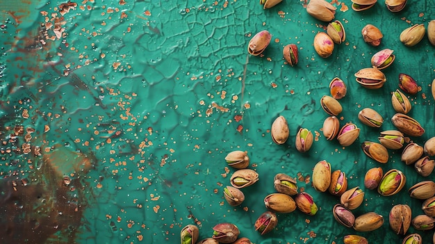 Pistachio nuts in shells scattered on a rustic turquoise table