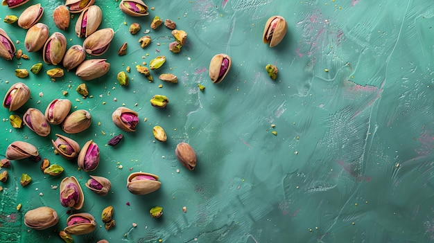 Pistachio nuts in shells and without shells scattered on a blue textured background