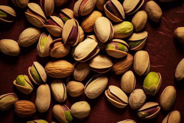 Pistachio nuts on wooden background Healthy food concept with AI generated