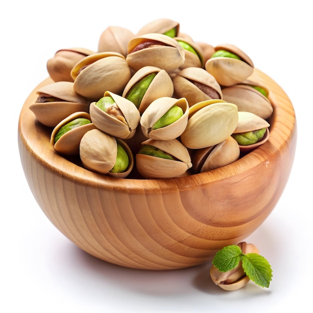 Pistachio nuts in a wooden bowl isolated on white background