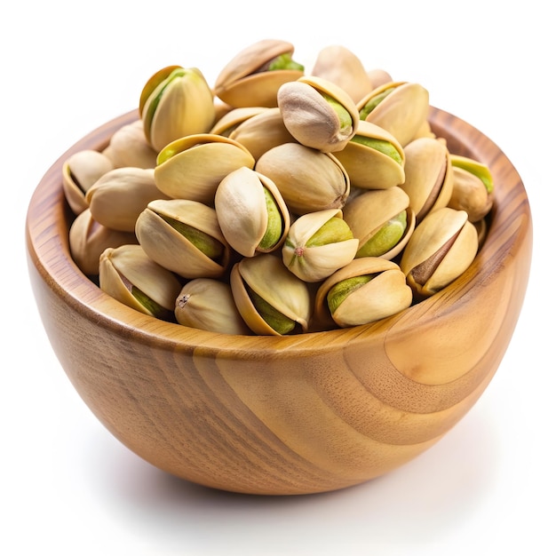 Pistachio nuts in a wooden bowl isolated on white background