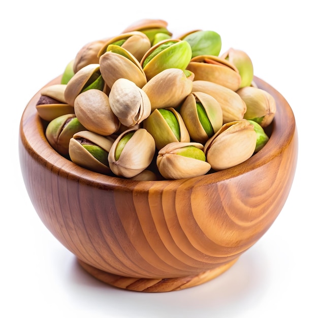 Pistachio nuts in a wooden bowl isolated on white background