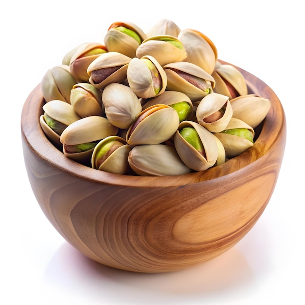 Pistachio nuts in a wooden bowl isolated on white background