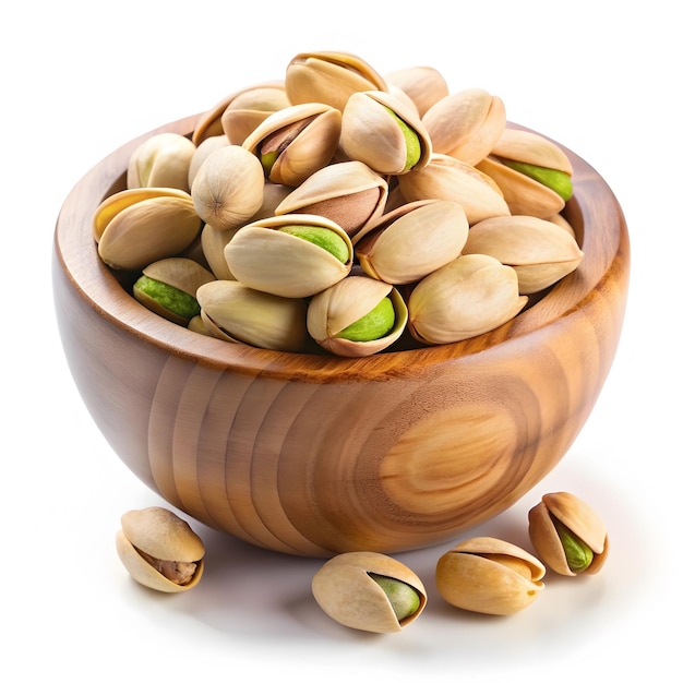 Pistachio nuts in a wooden bowl isolated on white background