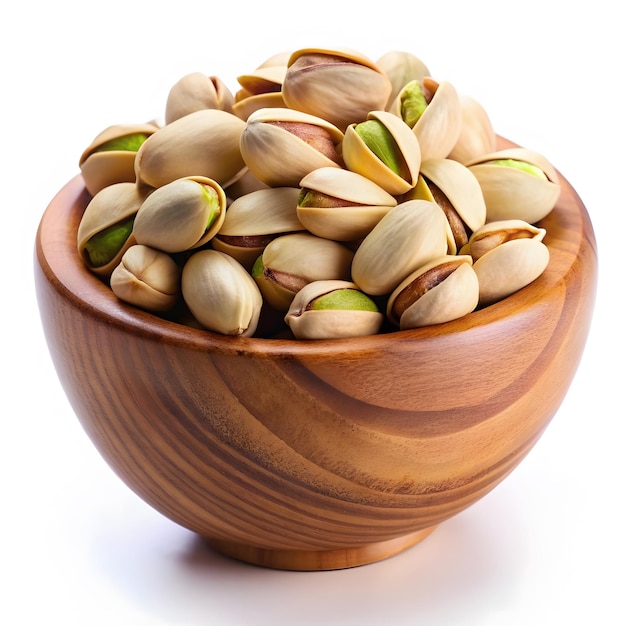 Pistachio nuts in a wooden bowl isolated on white background