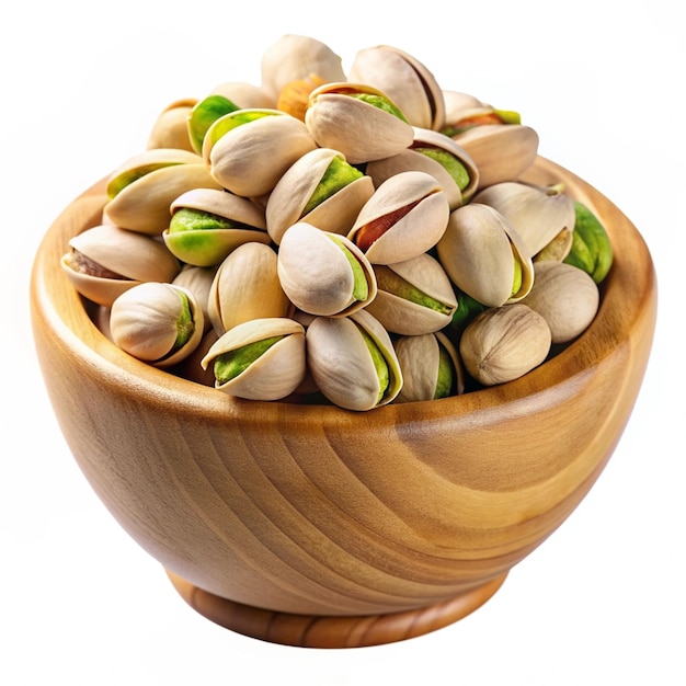 Pistachio nuts in a wooden bowl on a white background