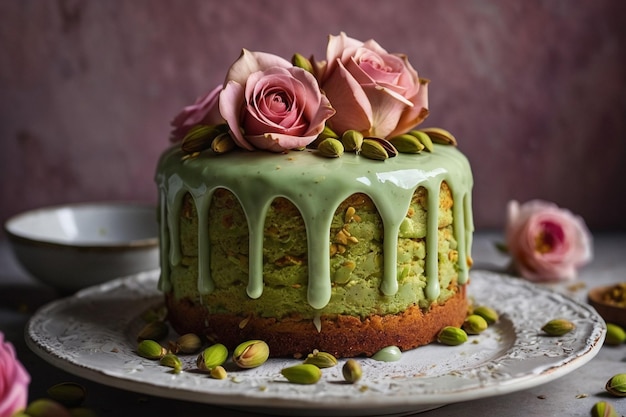 Pistachio rose cake with rosewater glaze