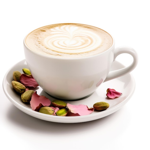 Pistachio and rose coffee isolated on white background