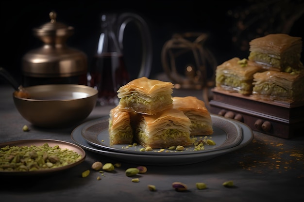 Pistachio Turkish style pistachio baklava presentation and service Generative Ai