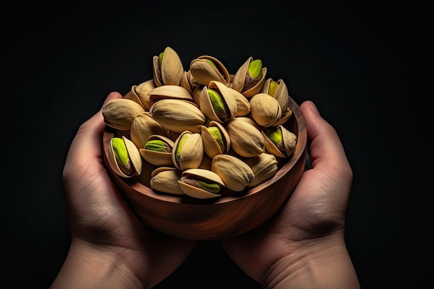 Pistachios arranged on black background with space for text