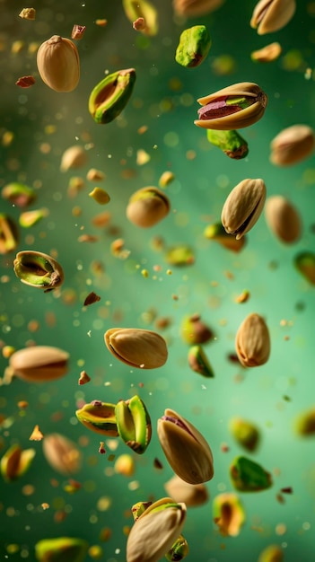 Pistachios flying chaotically in the air bright saturated background spotty colors