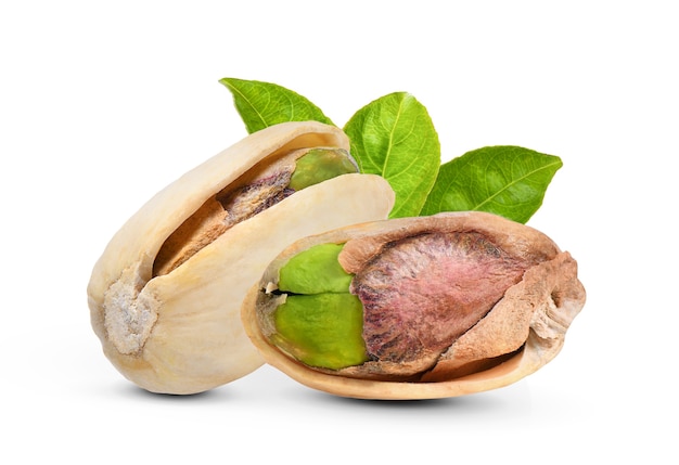 Pistachios with leaf isolated on white background