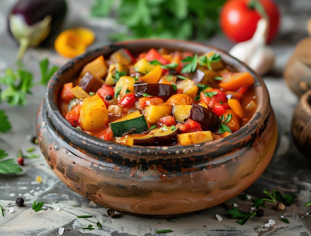 Photo pisto spanish vegetable stew close up mediterranean dish with eggplant and zucchini