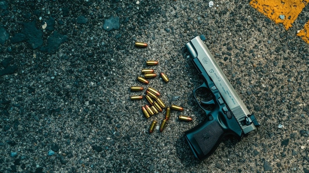 Photo a pistol and shell casings lie on the asphalt evidence of a crime gun and bullets