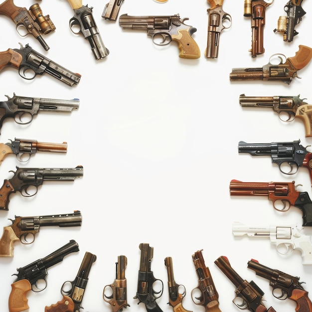 Photo pistols arranged in a circle on white background with copy space