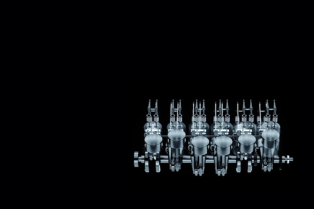 Pistons connecting rods and crankshaft of an internal combustion engine on a black background Concept art engine operation V12 repair engine car 3D rendering 3D illustration