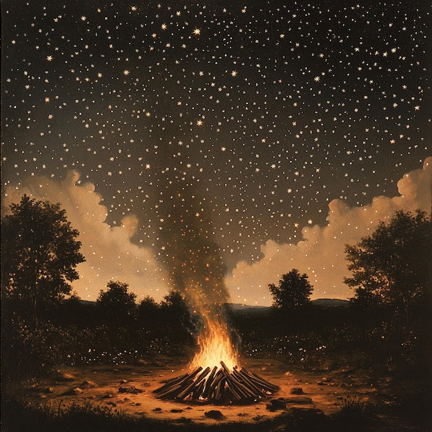 A pit fire shining under a sky loaded up with innumerable stars