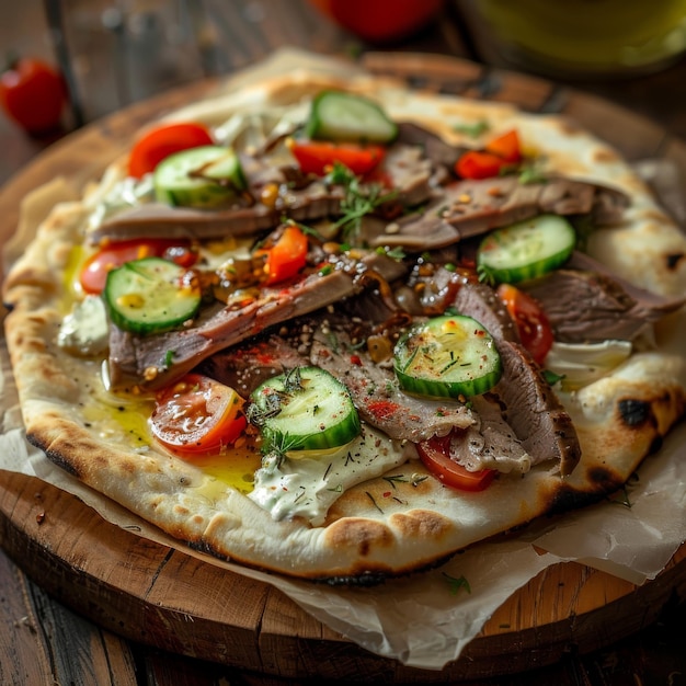 Pita with Duck Fillet and Vegetables on Craft Paper Closeup Round Flatbread with Sliced Fillet