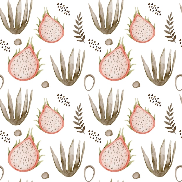 Pitaya watercolor seamless pattern on white background.