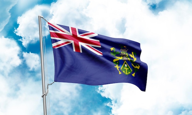 Pitcairn Islands flag waving on sky background 3D Rendering