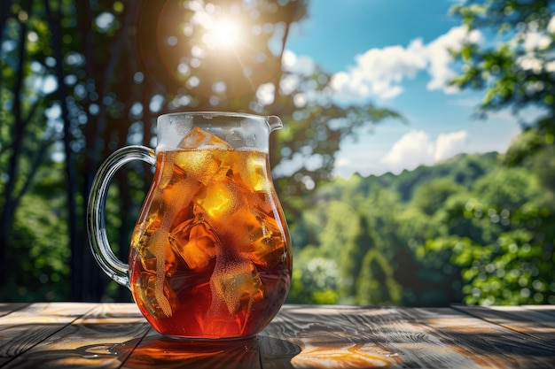 Pitcher of cold ice tea with rural summer background