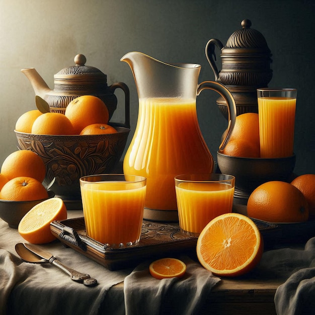 A pitcher filled with orange juice on a table