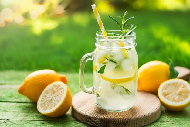 A pitcher filled with refreshing lemonade and adorned with slices of citrus fruits and mint leaves