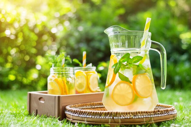 A pitcher filled with refreshing lemonade and adorned with slices of citrus fruits and mint leaves