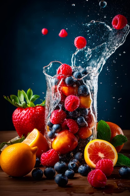 Pitcher filled with water next to pile of fruits and berries on table Generative AI