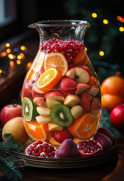 Photo a pitcher of fruit is on a table with a variety of fruits including apples oranges and pears