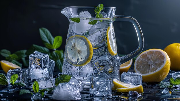 Photo a pitcher of iced water with lemon slices and mint leaves surrounded by frosty fruit ice cubes