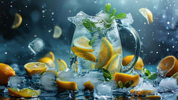 Photo a pitcher of iced water with lemon slices and mint leaves surrounded by frosty fruit ice cubes