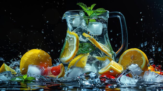 Photo a pitcher of iced water with lemon slices and mint leaves surrounded by frosty fruit ice cubes