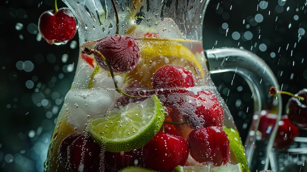 Photo a pitcher of infused water with frozen cherries and slices of lime creating a colorful display