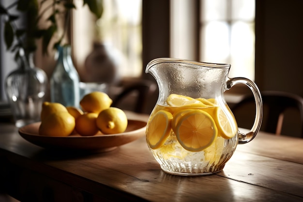 A pitcher of lemonade sits on a table with a plate of lemons in the background