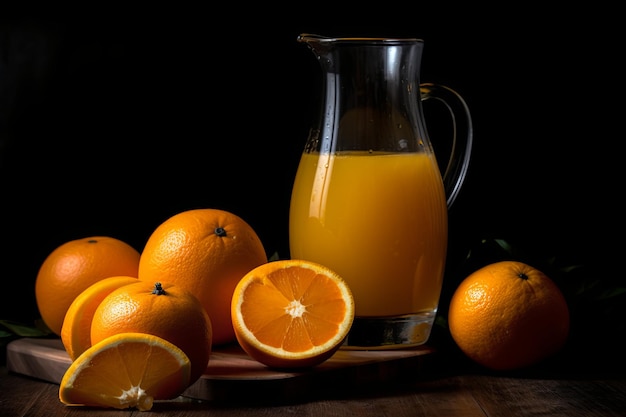 Pitcher of Orange Juice Next to Bunch of Oranges Vibrant and refreshing still life scene