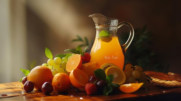 a pitcher of orange juice sits on a table next to a bottle of orange juice